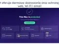 Interfejs antywirusa na MacBooka. "This Mac is protected" informuje o bezpieczeństwie. Dostępne są skanowanie, ochrona sieci i poczty.