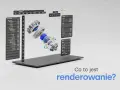 Interfejs programu graficznego z modelem 3D mechanizmu, panelami z parametrami i pytaniem "Co to jest renderowanie?".