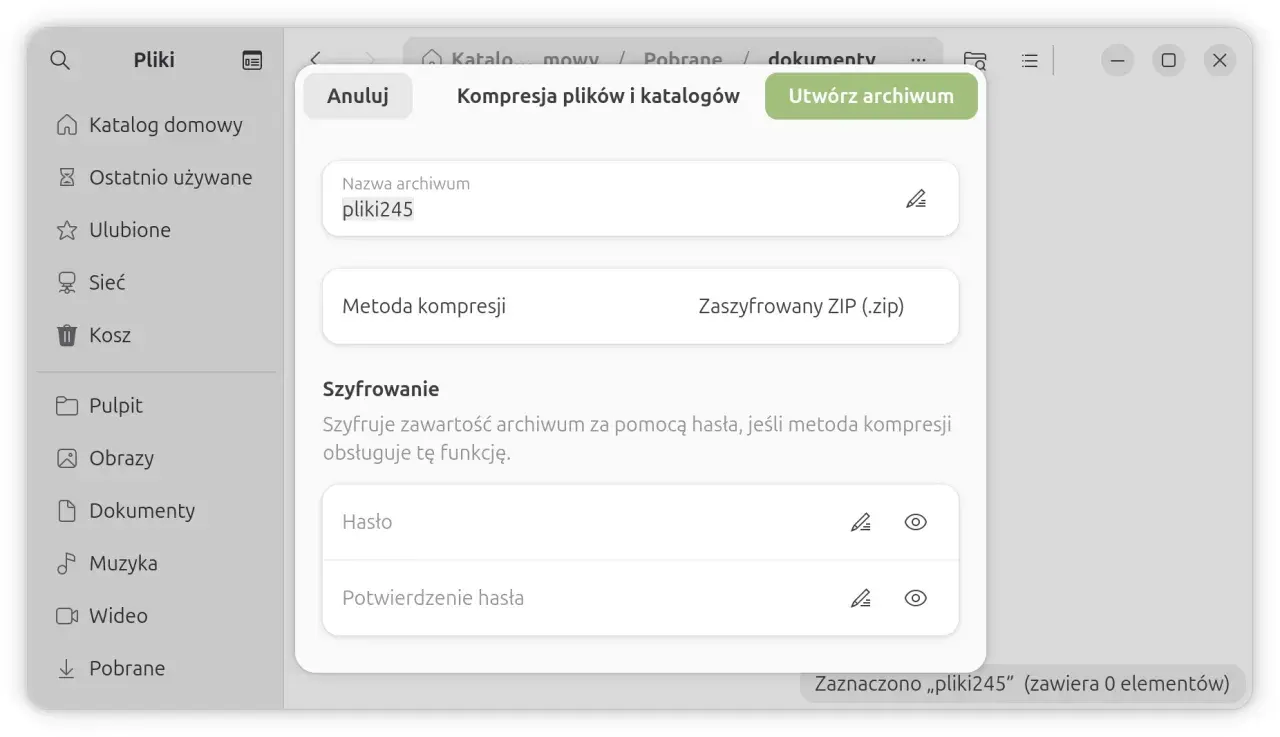 Okno dialogowe do tworzenia archiwum z opcją szyfrowanie folderu. Wybrano metodę kompresji Zaszyfrowany ZIP.