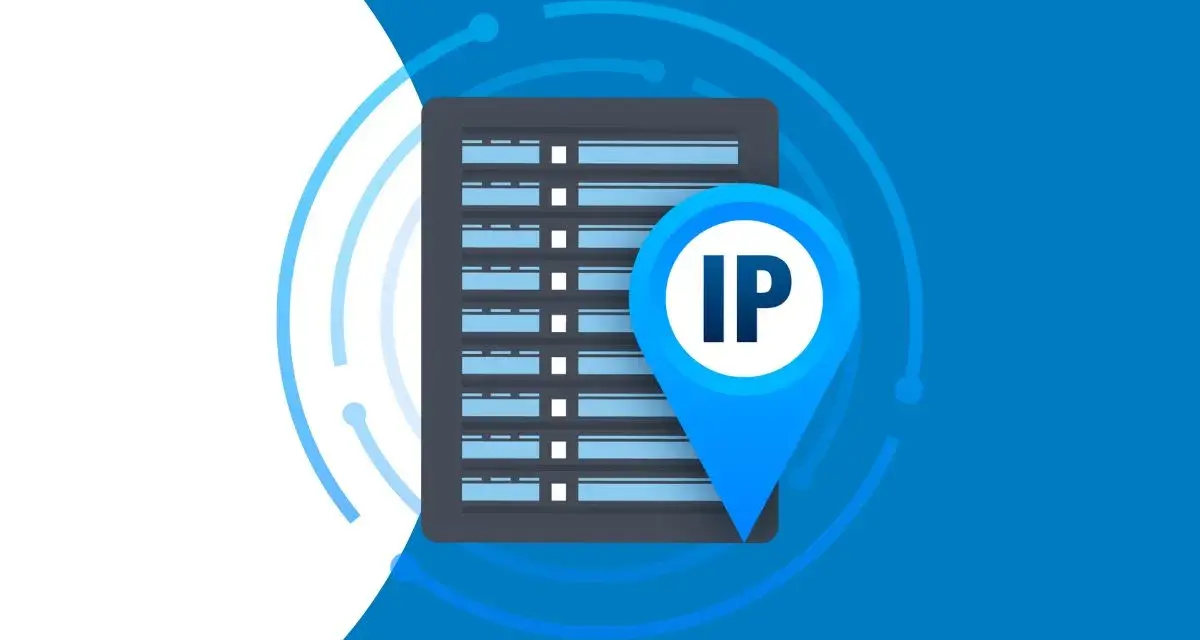 Ikona lokalizacji z literami "IP" na tle serwera, symbolizująca lokalizację adresu IP w sieci.