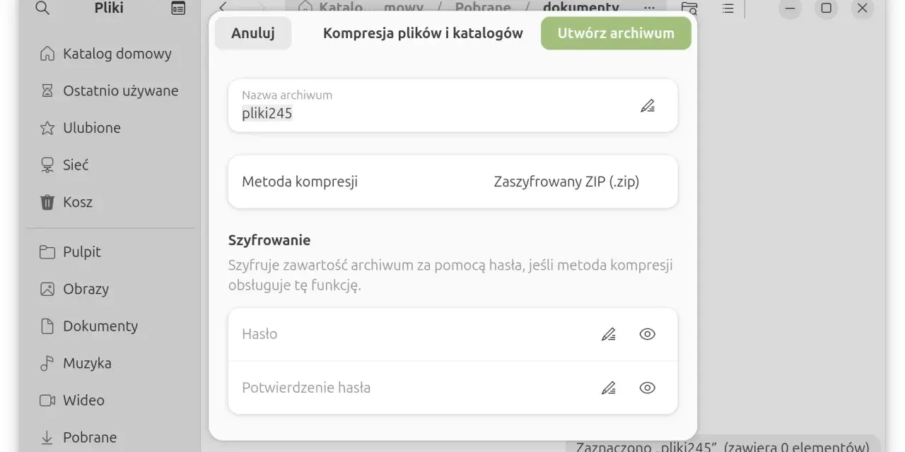 Okno dialogowe do tworzenia archiwum z opcją szyfrowanie folderu. Wybrano metodę kompresji Zaszyfrowany ZIP.