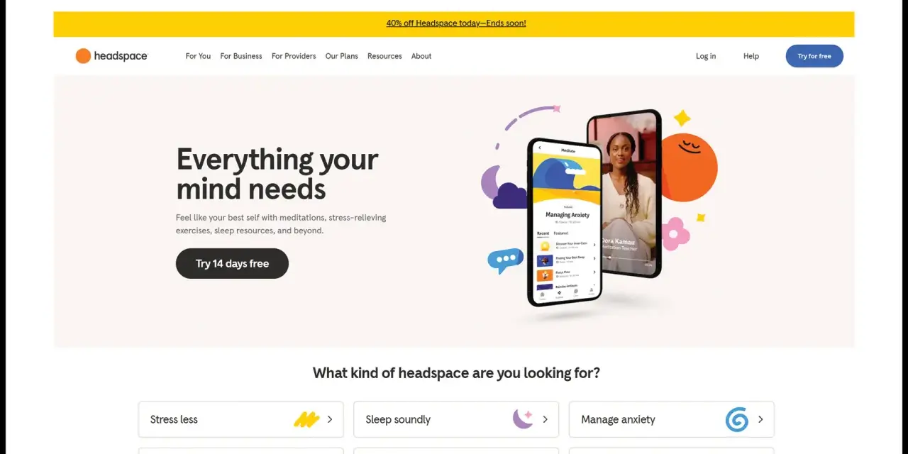 Hero banner z hasłem "Everything your mind needs" i przyciskiem "Try 14 days free". Obok telefon z aplikacją medytacyjną.