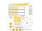 Grafika przedstawia zegar, ikony folderów i paski postępu. Dominują żółty i szary kolor, przezroczysty tło.