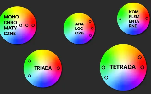 Pięć kół z barwnymi gradientami, ilustrujących różne schematy kolorów: monochromatyczne, analogowe, dopełniające, triady i tetrady. To wizualna paleta RGB.