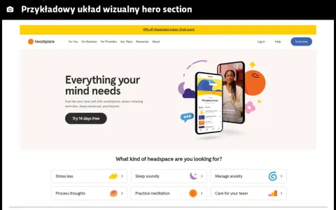 Hero banner z hasłem "Everything your mind needs" i przyciskiem "Try 14 days free". Obok telefon z aplikacją medytacyjną.