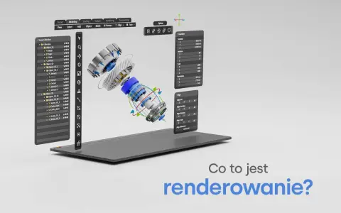 Interfejs programu graficznego z modelem 3D mechanizmu, panelami z parametrami i pytaniem "Co to jest renderowanie?".