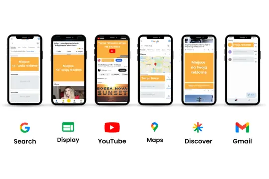 Przykłady reklam internetowych na urządzeniach mobilnych: Google Search, Display, YouTube, Maps, Discover, Gmail.