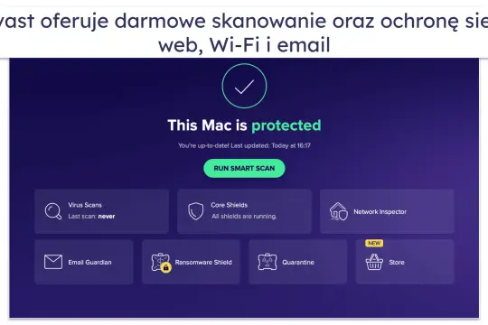 Interfejs antywirusa na MacBooka. "This Mac is protected" informuje o bezpieczeństwie. Dostępne są skanowanie, ochrona sieci i poczty.
