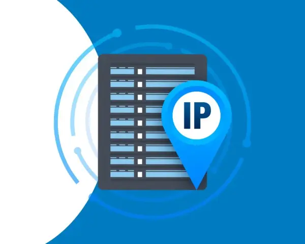 Ikona lokalizacji z literami "IP" na tle serwera, symbolizująca lokalizację adresu IP w sieci.