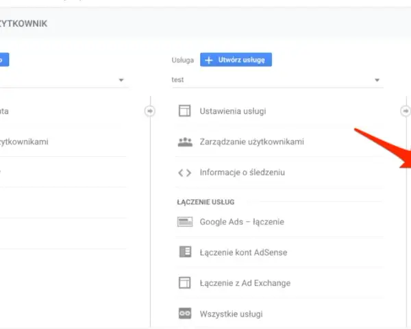 Ustawienia Google Analytics pokazują opcję "Cele", kluczową dla śledzenia konwersji Google Ads.