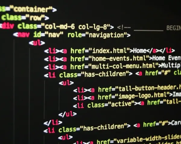 Fragment kodu HTML z listą nawigacyjną. Widać tagi `div`, `nav`, `ul`, `li` i `a`, tworzące strukturę strony.
