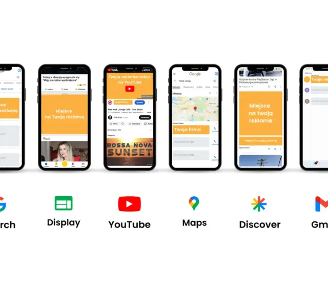 Przykłady reklam internetowych na urządzeniach mobilnych: Google Search, Display, YouTube, Maps, Discover, Gmail.