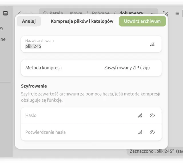 Okno dialogowe do tworzenia archiwum z opcją szyfrowanie folderu. Wybrano metodę kompresji Zaszyfrowany ZIP.