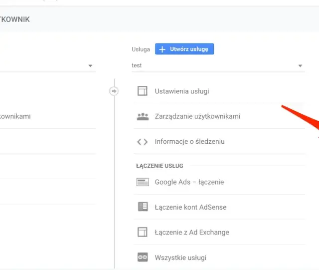Ustawienia Google Analytics pokazują opcję "Cele", kluczową dla śledzenia konwersji Google Ads.