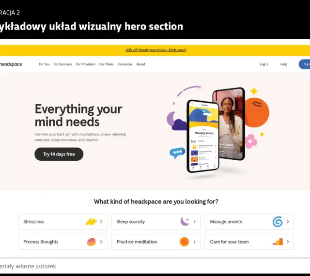 Hero banner z hasłem "Everything your mind needs" i przyciskiem "Try 14 days free". Obok telefon z aplikacją medytacyjną.