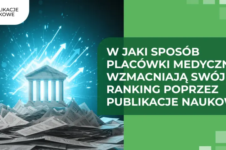 Jak wybrać między artykułem, wzmianką i wpisem w rankingu? Grafika pokazuje budynek akademicki na stercie publikacji naukowych, symbolizując wzmocnienie rankingu placówek medycznych.