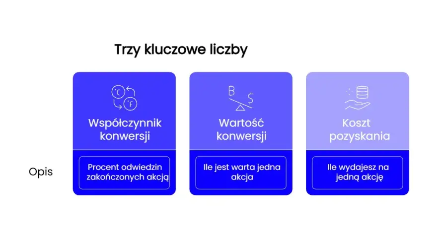Trzy kluczowe liczby: współczynnik konwersji (procent odwiedzin zakończonych akcją), wartość konwersji (ile jest warta jedna akcja) i koszt pozyskania (ile wydajesz na jedną akcję).
