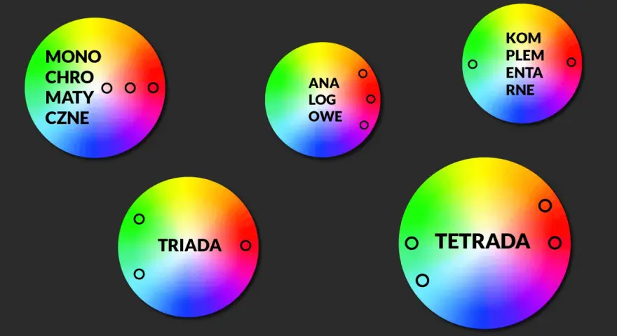 Pięć kół z barwnymi gradientami, ilustrujących różne schematy kolorów: monochromatyczne, analogowe, dopełniające, triady i tetrady. To wizualna paleta RGB.