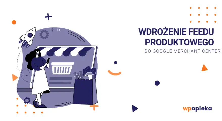 Kobieta z telefonem przed sklepem, rakieta startuje. Wdrożenie feedu produktowego do Google Merchant Center.