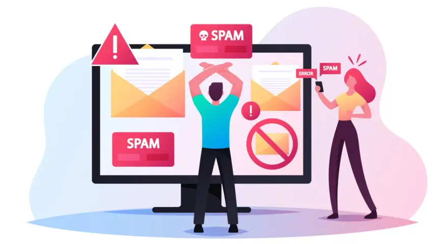 Osoba zrezygnowana przed monitorem z powiadomieniami SPAM, a kobieta z telefonem odbiera kolejne niechciane wiadomości.