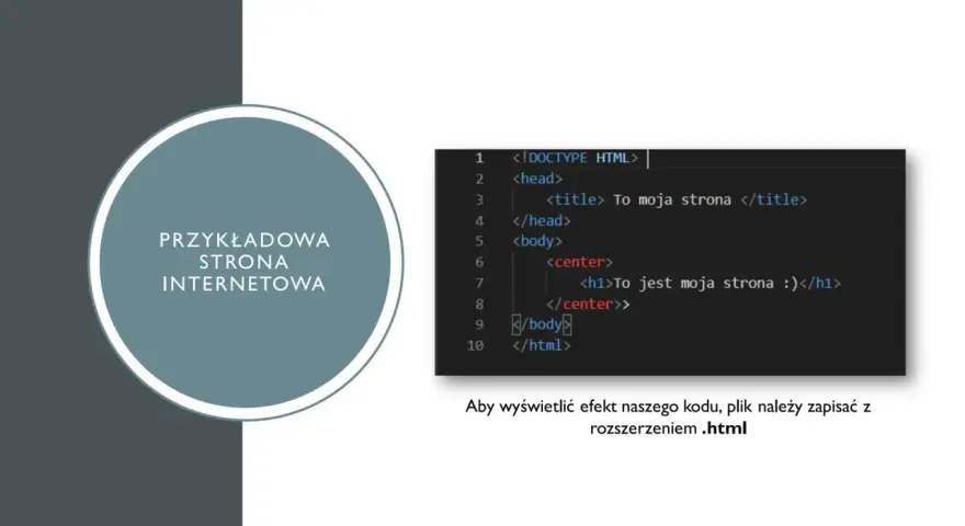 Grafika przedstawia fragment kodu HTML z tekstem "Przykładowa strona internetowa" w okręgu.