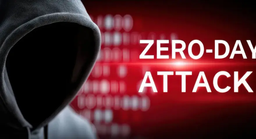 Sylwetka hakera w kapturze na tle czerwonego ekranu z napisem "ZERO-DAY ATTACK" i rozmytym kodem binarnym.