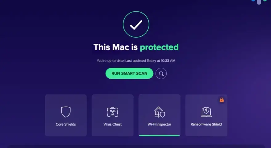 Interfejs Avast Security informuje, że Mac jest chroniony. Kliknij "RUN SMART SCAN", aby dowiedzieć się, jak przeskanować komputer i rozwiązać problemy z bezpieczeństwem.