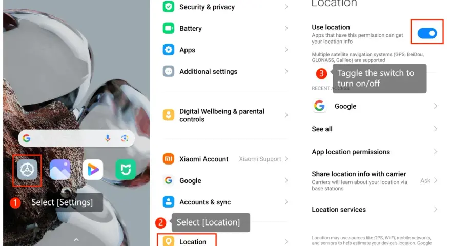 Ustawienia Android: wybierz Ustawienia, następnie Lokalizacja, aby zarządzać udostępnianiem lokalizacji.