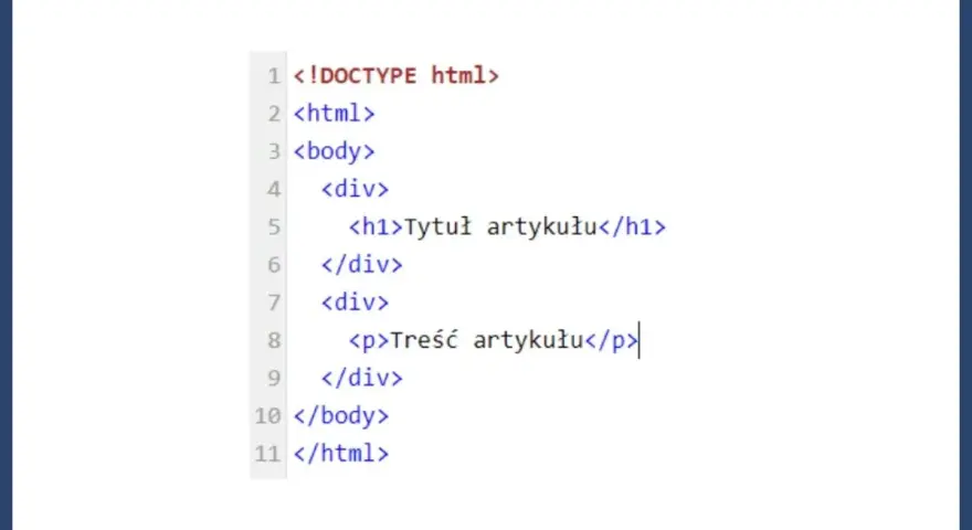 Fragment kodu br html z podstawową strukturą strony: nagłówek h1 i akapit p wewnątrz div.