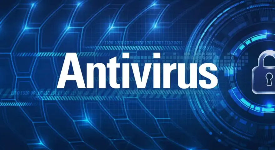 Cyfrowy świat chroniony przez antywirus z VPN. Grafika z hasłem "Antivirus" i symbolem kłódki.