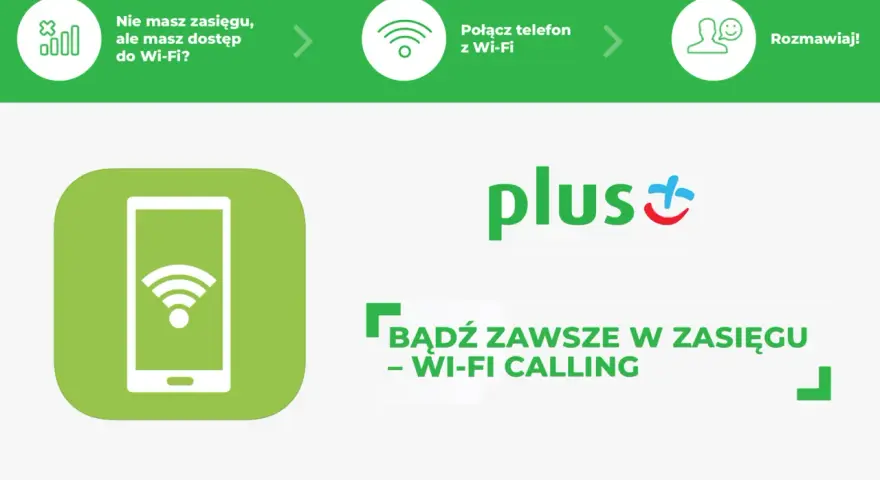 Grafika przedstawia ikonę telefonu z symbolem Wi-Fi, logo Plus oraz hasło "Bądź zawsze w zasięgu - Wi-Fi Calling".