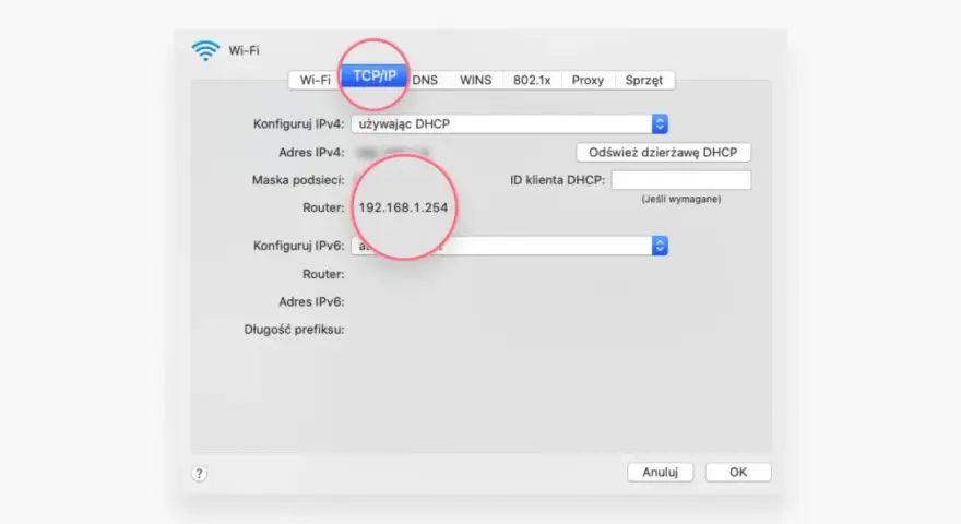 Konfiguracja sieci TCP/IP, gdzie adres routera to 192.168.1.254.