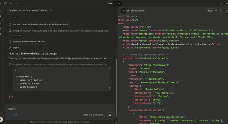 Kod HTML z danymi strukturalnymi Schema.org, zawierający znaczniki semantyczne dla firmy hydraulicznej.