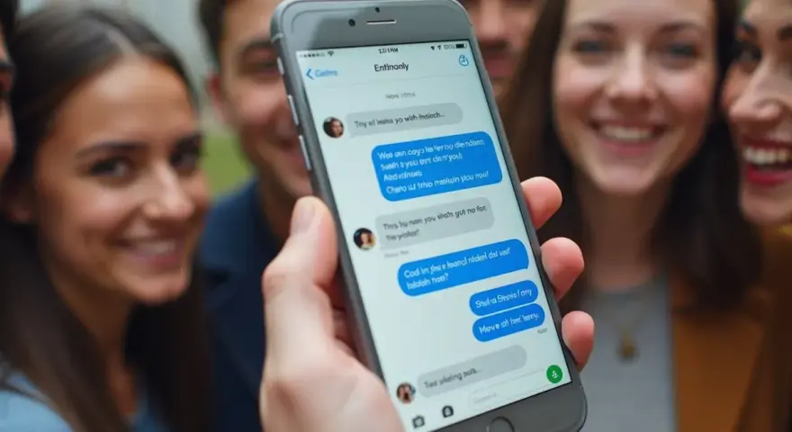 Grupa przyjaciół śmieje się, gdy jeden z nich pokazuje telefon z rozmową, jak zrobić ankietę na Messengerze.