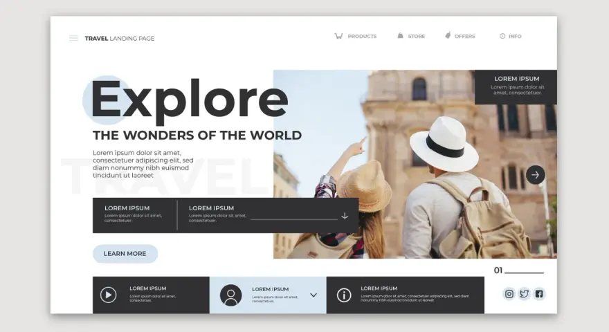 Strona główna podróży z hasłem "Explore The Wonders of the World". Ten **layout co to** zachęca do odkrywania świata.