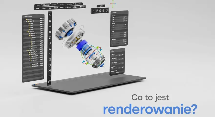 Interfejs programu graficznego z modelem 3D mechanizmu, panelami z parametrami i pytaniem "Co to jest renderowanie?".