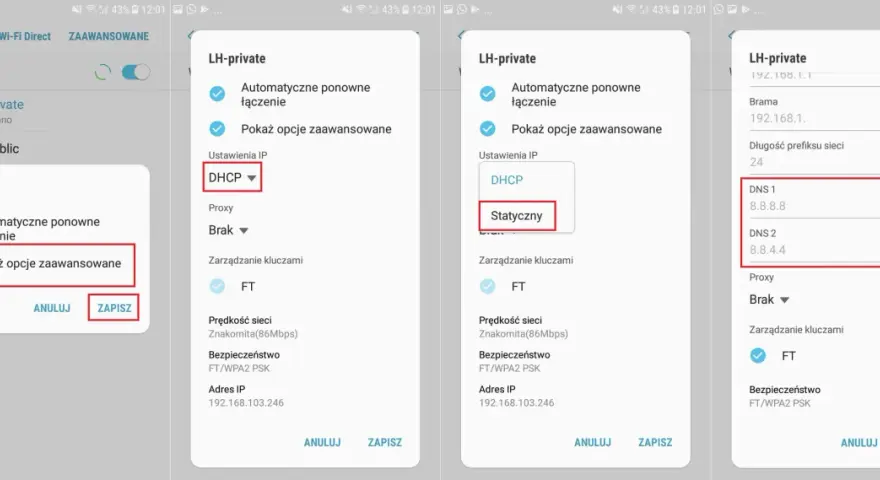 Jak zmienić DNS: wybierz "Statyczny", aby edytować adresy serwerów DNS. Zobaczysz pola na wpisanie nowych wartości.