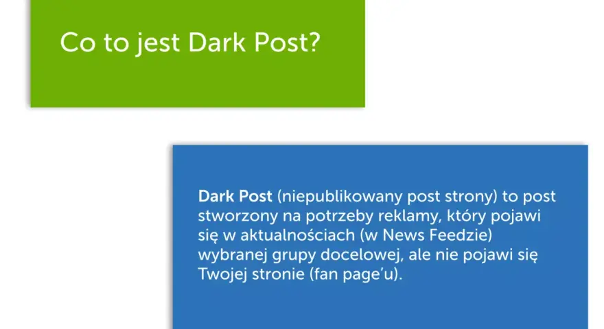 Co to jest Dark Post? To niepublikowany post reklamowy, widoczny tylko dla wybranej grupy docelowej, nie na Twojej stronie.