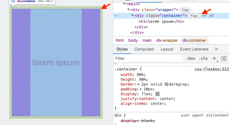 Kontener flexbox z tekstem "lorem ipsum" wyśrodkowanym dzięki `justify-content: center`.