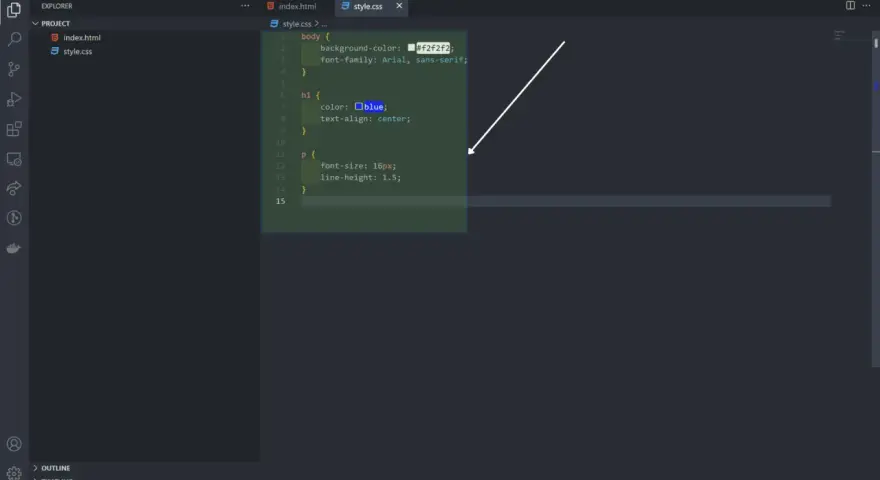 Fragment kodu CSS w edytorze, z podświetlonymi regułami dla body, h1 i p.