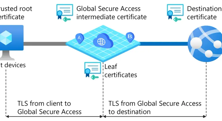 Schemat wyjaśnia, jak działa TLS: od urządzeń klienckich przez Global Secure Access do serwera docelowego, z użyciem certyfikatów.