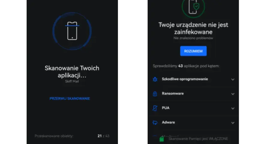 Aplikacja pokazuje, jak usunąć wirusa z telefonu. Urządzenie jest czyste, przeskanowano 43 aplikacje.
