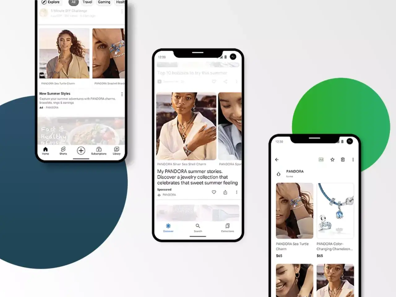 Trzy ekrany telefonów prezentują kampanię Discovery od PANDORA, pokazując letnie kolekcje biżuterii i inspiracje.