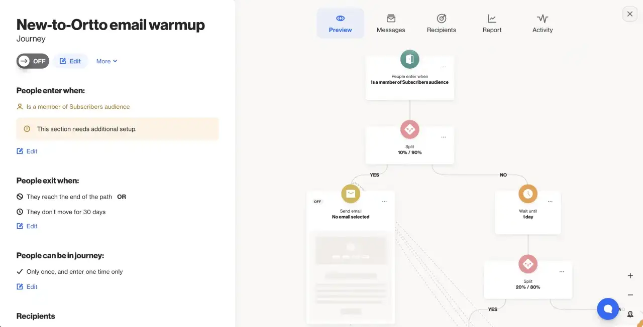 Automatyzacja e-marketingu: ścieżka odbiorcy w procesie rozgrzewania e-maili, z podziałami i opóźnieniami.