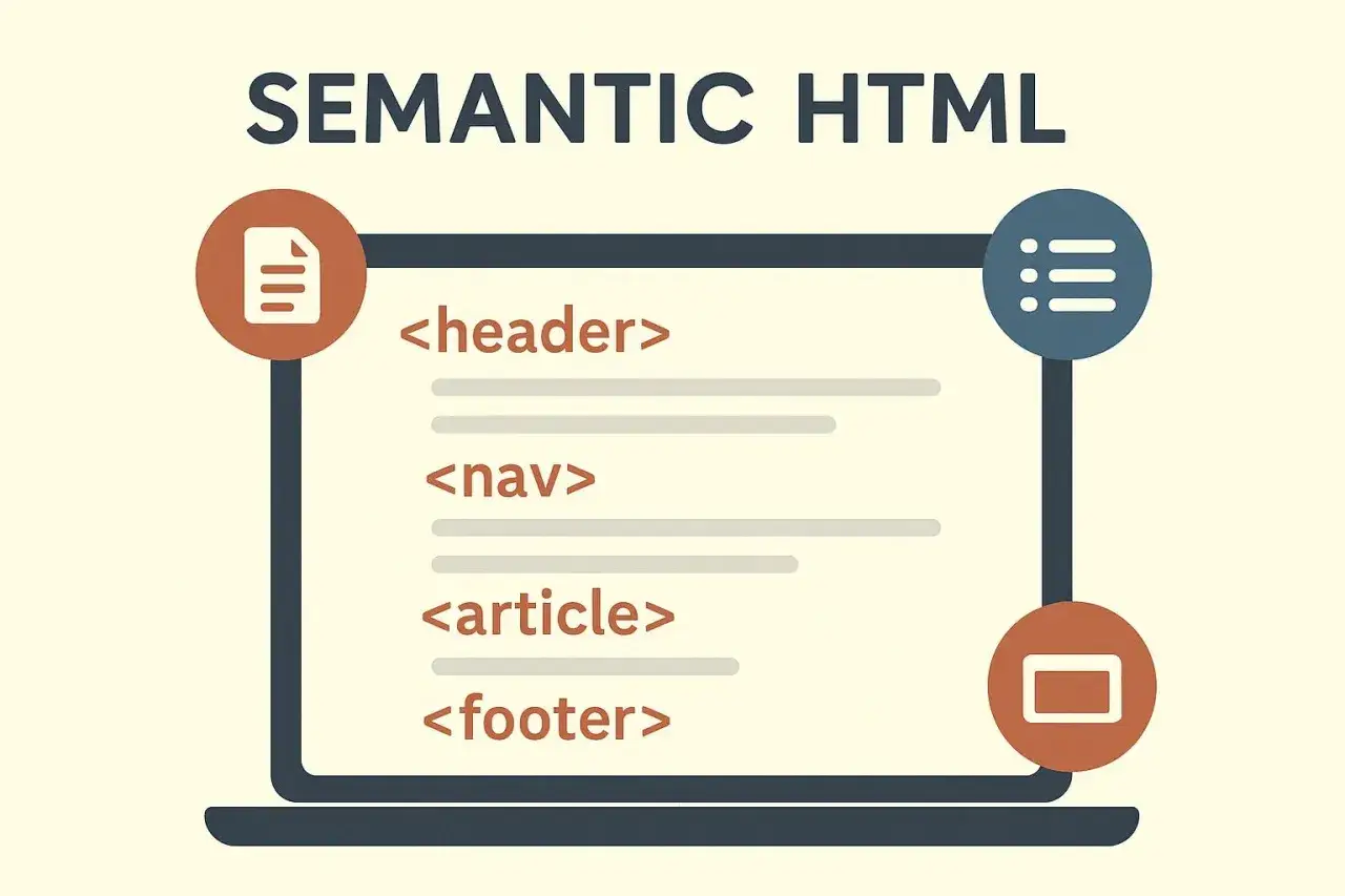 Ilustracja pokazuje laptop z kodem, który wykorzystuje semantyczny HTML, z tagami `<header>`, `<nav>`, `<article>` i `<footer>`.