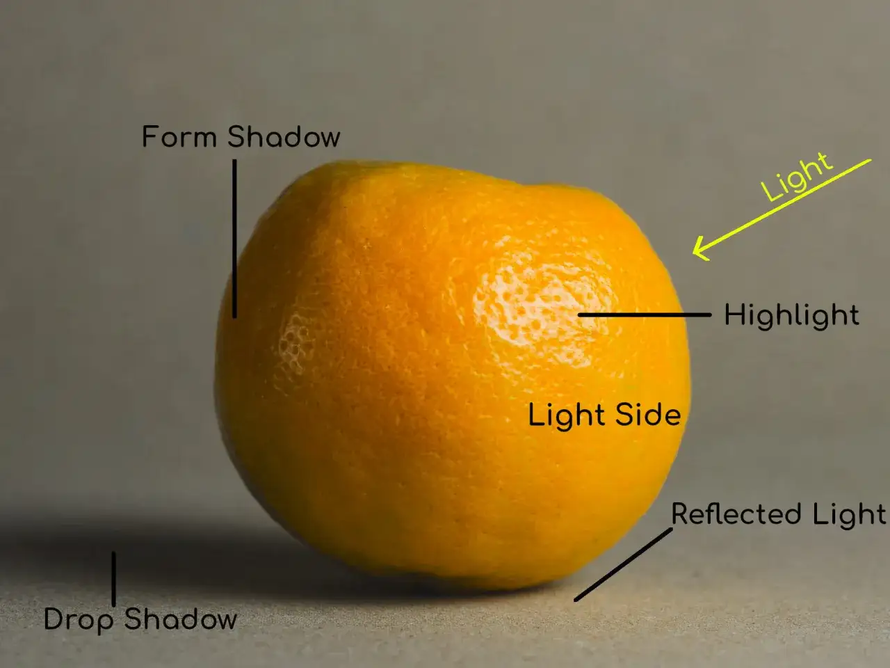 Pomarańcza z zaznaczonymi światłocieniem, światłem i odbiciem. Widać wyraźny drop shadow.
