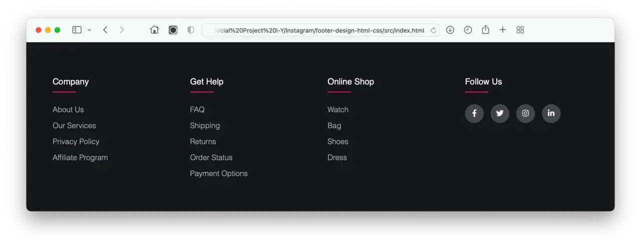 Sekcja footer html z linkami: O nas, Pomoc, Sklep online, Obserwuj nas.