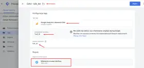 Konfiguracja tagu Google Analytics GA4. Nazwa zdarzenia: klik_tel. Reguła uruchamiająca: kliknięcie w numer telefonu.
