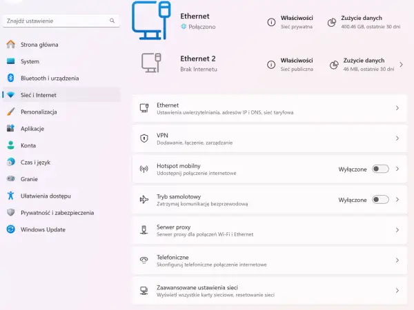 Ustawienia karty sieciowej: Ethernet połączony, Ethernet 2 brak internetu, VPN, Hotspot mobilny, Tryb samolotowy, Serwer proxy, Telefoniczne, Zaawansowane ustawienia sieci.
