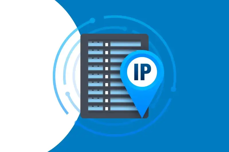 Ikona lokalizacji z literami "IP" na tle serwera, symbolizująca lokalizację adresu IP w sieci.
